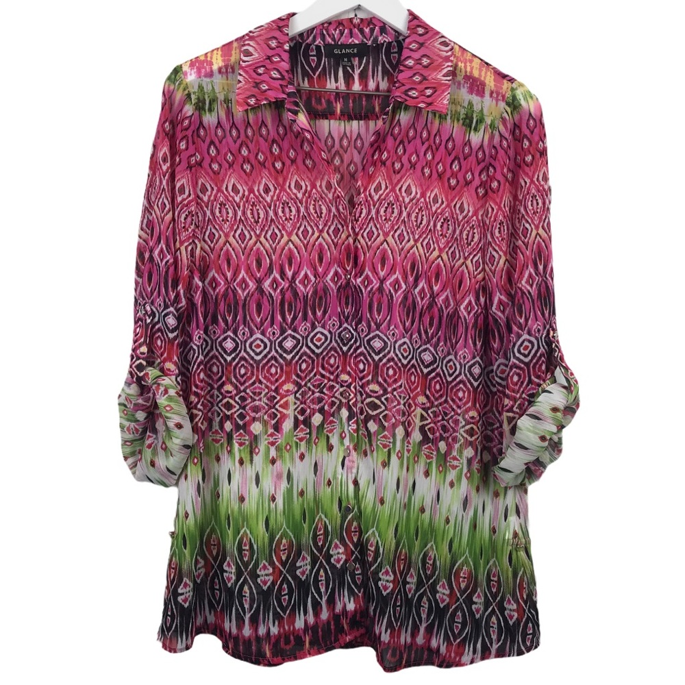 Glance Pink Ikat Print Sheer Button Up Blouse Woman Sz M